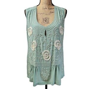 French Connection Women's Green Beaded 100% Silk Sleeveless Blouse Top Sz 8